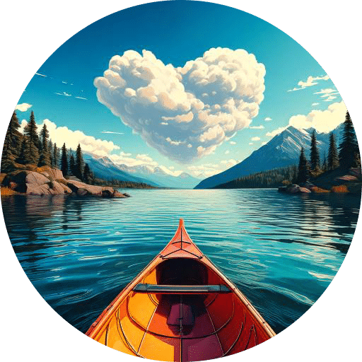 Final-Firefly canoe heading across lake toward small islands with mountains and a heart shaped cloud in th