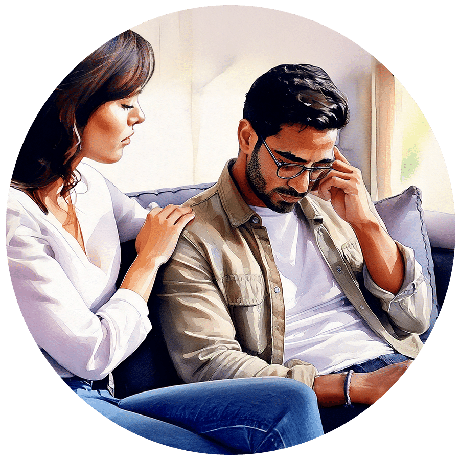 Final-Firefly watercolor portrait of young adult woman consoling sad husband head bent down, sitting on th