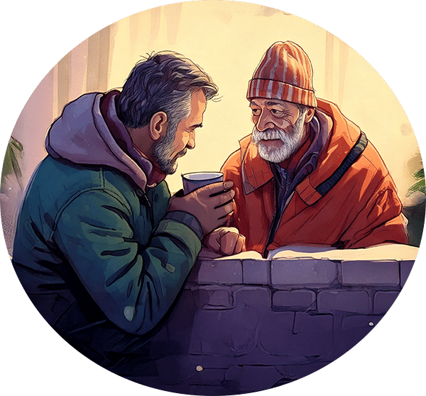 Final-Stylized older homeless man with hopeful facial expression being helped both people looking into each