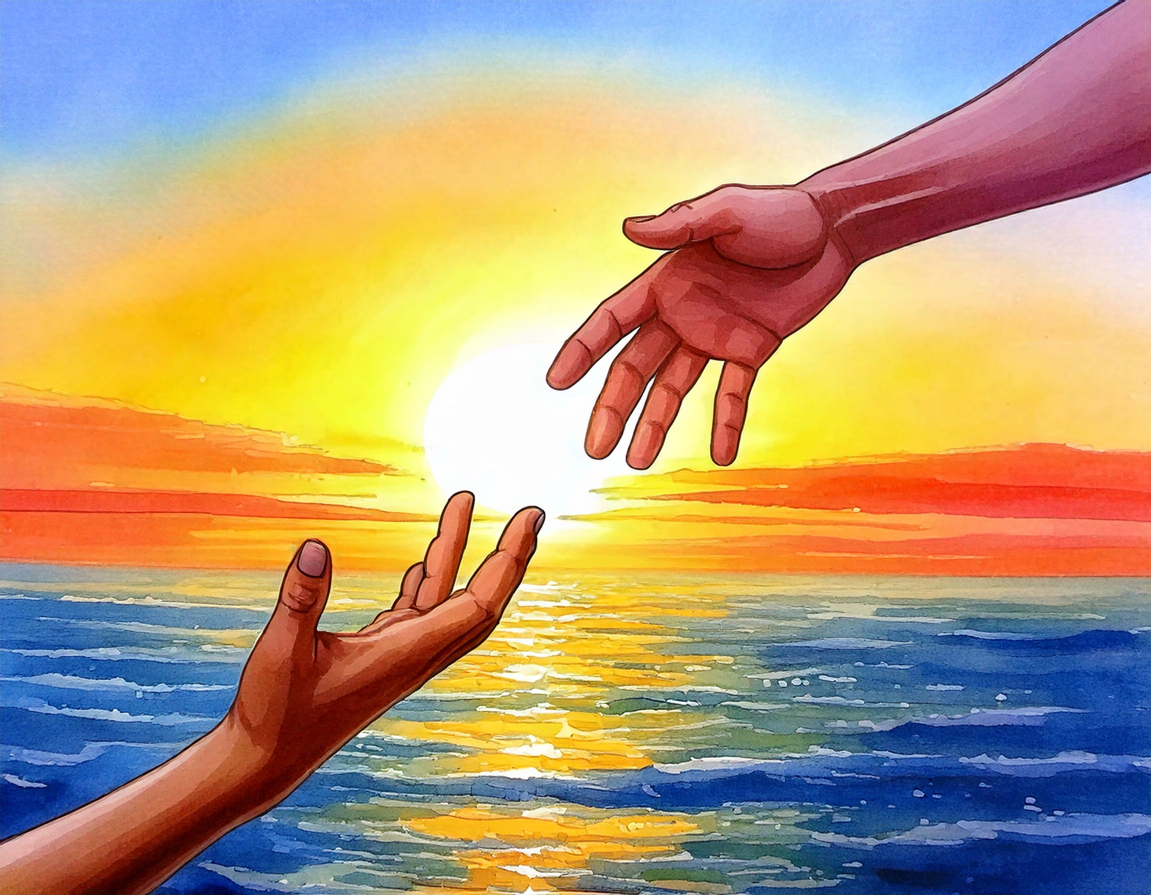 Firefly watercolor hands reaching toward each other with watercolor sunrise, sky, ocean in backgroun