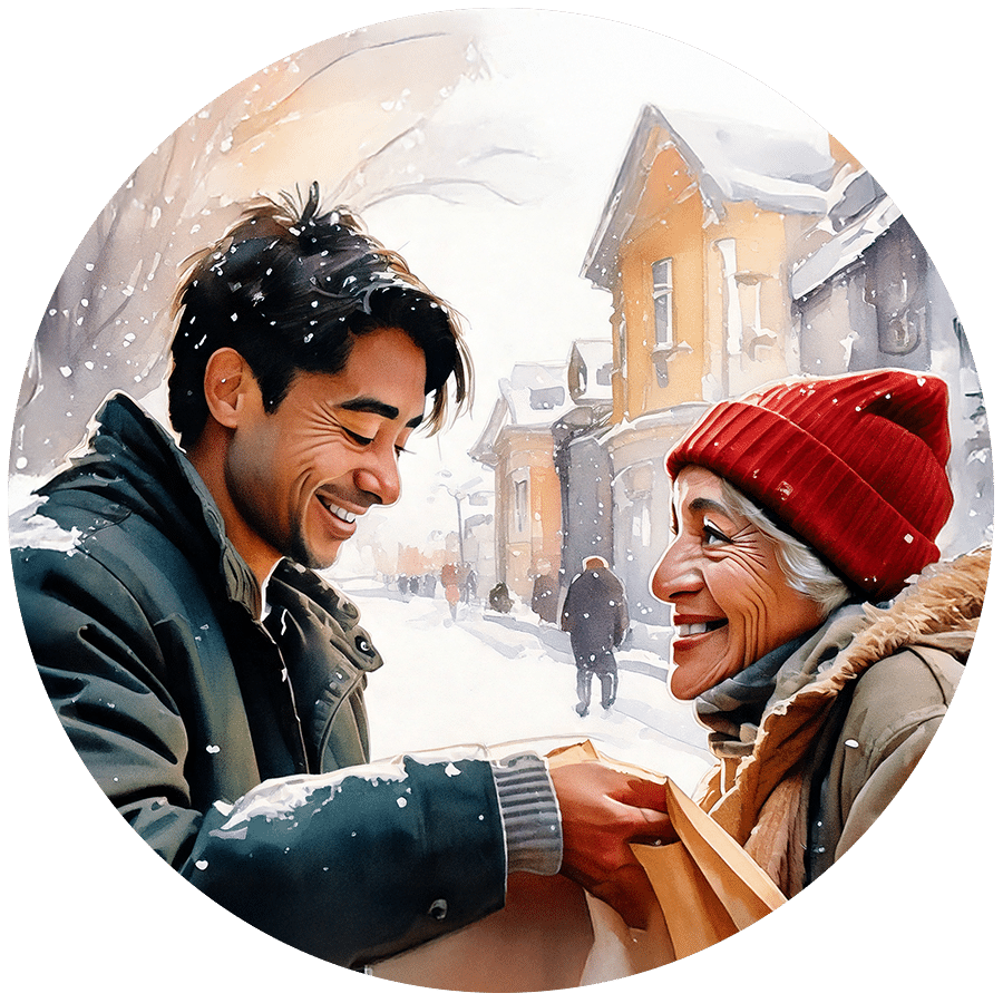 final-Smiling young man handing bag of groceries to older woma