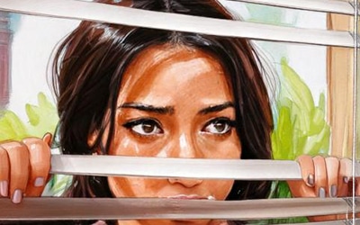 outside-perspective-of-camera-on-sad-young-woman-peeking-through-slits-in-blinds-in-city-hou